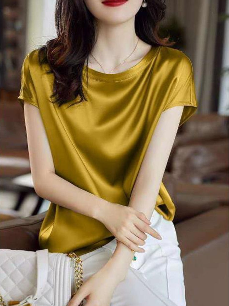 Silk Thin Short Sleeve Tees Style Slip Woman Summer Clothes Brown Tops Solid Loose Casual