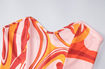 Print Off Shoulder Sleeveless Colorful Crop Top Mini Dress 2 Pieces Suit