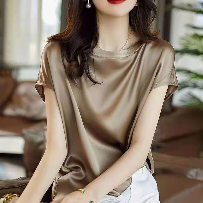 Silk Thin Short Sleeve Tees Style Slip Woman Summer Clothes Brown Tops Solid Loose Casual