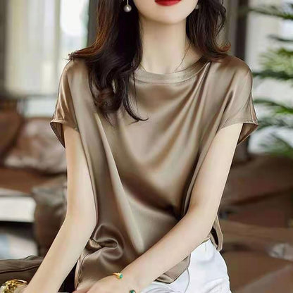 Silk Thin Short Sleeve Tees Style Slip Woman Summer Clothes Brown Tops Solid Loose Casual