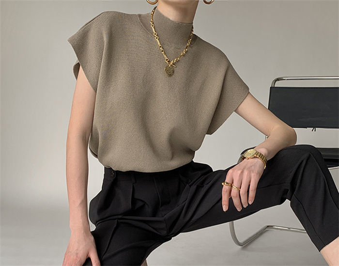 French Turtleneck Knitted Women Spring Summer Design Loose Short Sleeve Cropped Tops Female