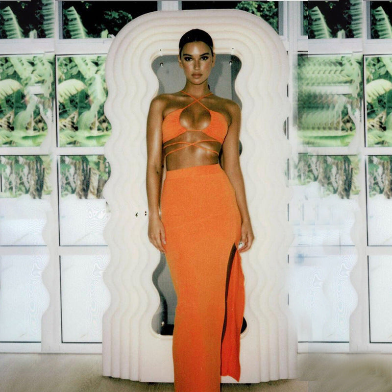 Cryptographic Bandage Cut Out Sexy Halter Neck Top and Skirts Set Gathered Elegant