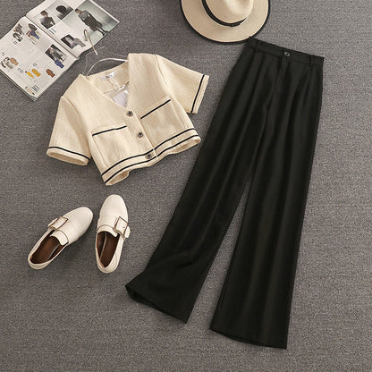 Streetwear Two Piece Set Women Crop Top Shirt Blouse + Wide Leg Pant Suits Vintage Pants Sets
