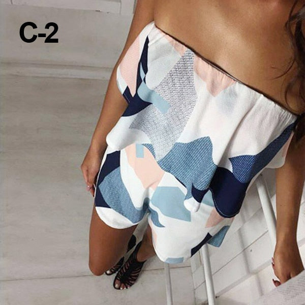 Floral Print Ruffles Strapless Rompers Summer Pleated Chest Wrapped Playsuits Womens Jumpsuit