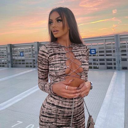 Print Satin Long Sleeve Bandage Crop Top Mini Dress 2 Pieces Set