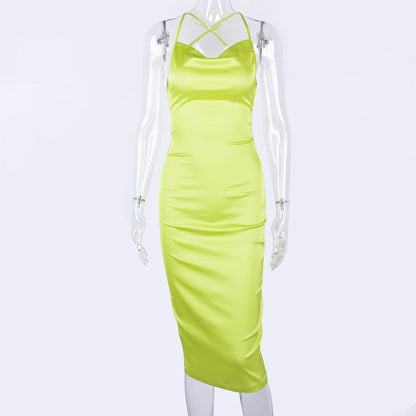 neon satin lace up 2022 summer women bodycon long midi dress sleeveless backless elegant party
