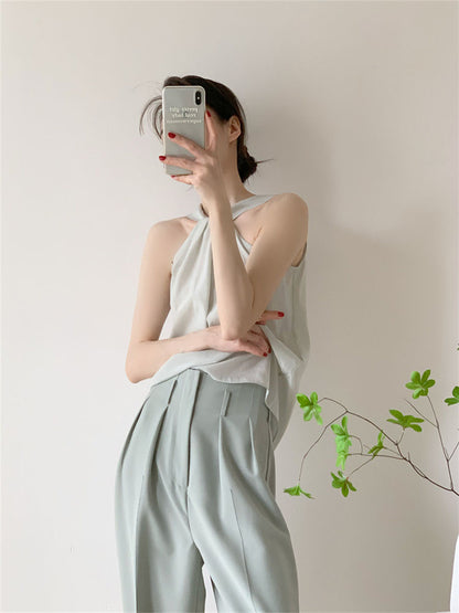 Backless Camis Women Summer Polka Dot Twist Halterneck Vest Female Casual Chiffon Tops