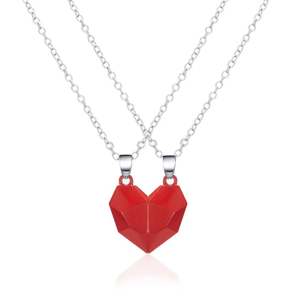 2Pcs Punk Heart Pendant Couple Necklace Lover Distance Faceted Magnetic Necklace