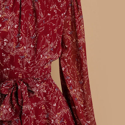 Spring Vintage Perspective Floral Print Dress Women Long Sleeve Chiffon A Line Mini Dress Vestidos