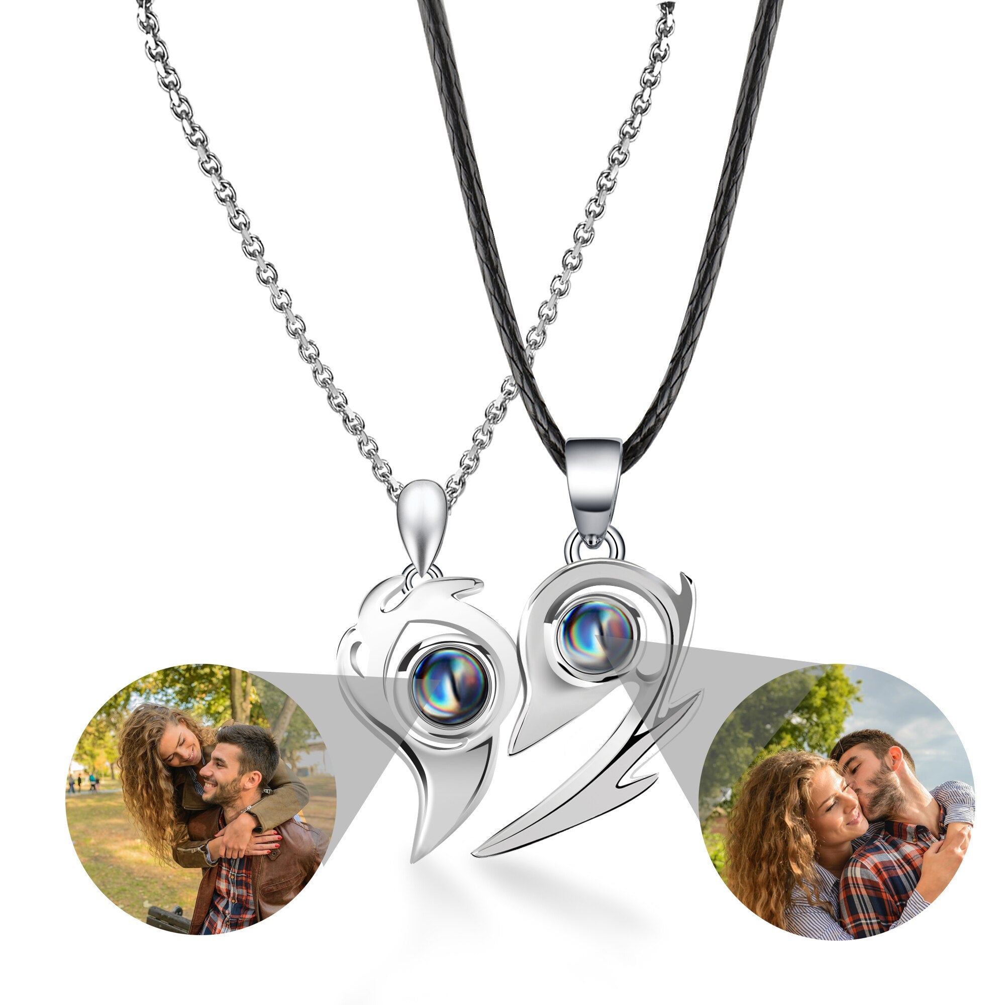 Flame Heart Shaped Custom Photo Projection Couples Necklaces