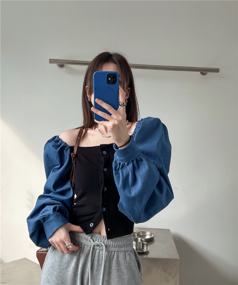 Patchwork Denim Shirts Women French Square Collar Puff Blouses Long Sleeve Crop Tops
