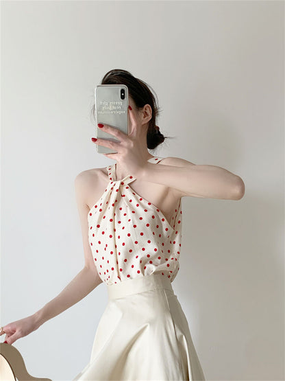 Backless Camis Women Summer Polka Dot Twist Halterneck Vest Female Casual Chiffon Tops
