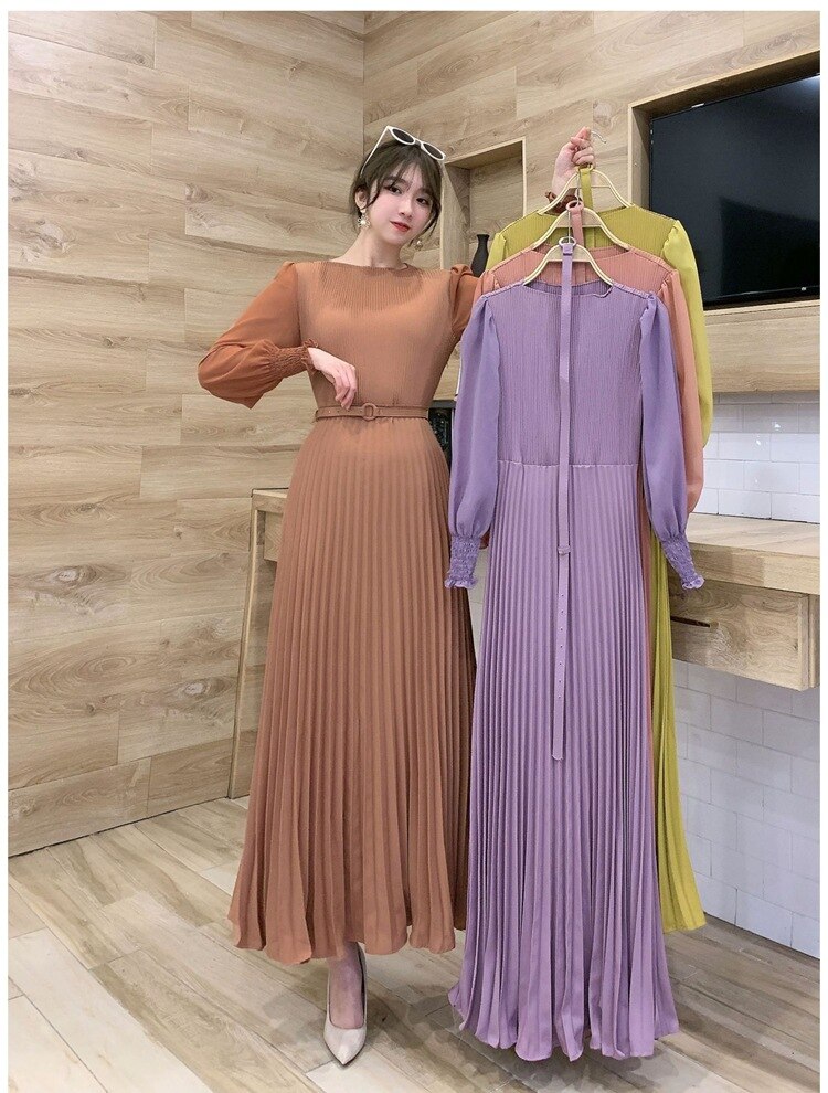 O-neck Long Sleeve A-line Dress Office Lady  Pleated Maxi Dress