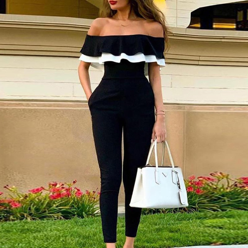 Women Off Shoulder Colorblock Ruffles Bodycon Skinny Streetwear Slim Fit Black Jumpsuits