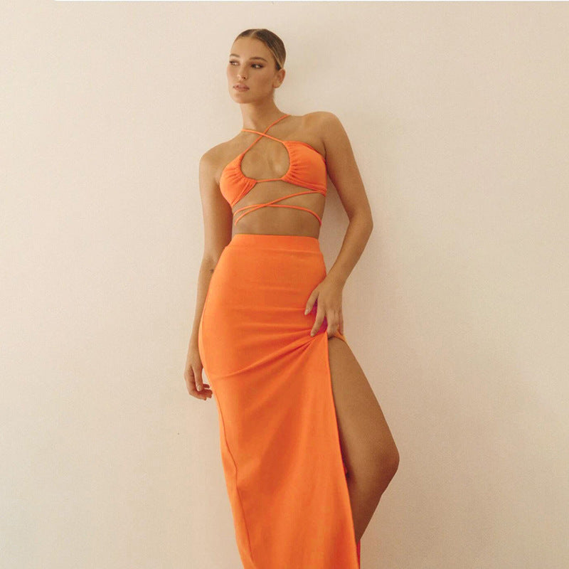 Cryptographic Bandage Cut Out Sexy Halter Neck Top and Skirts Set Gathered Elegant