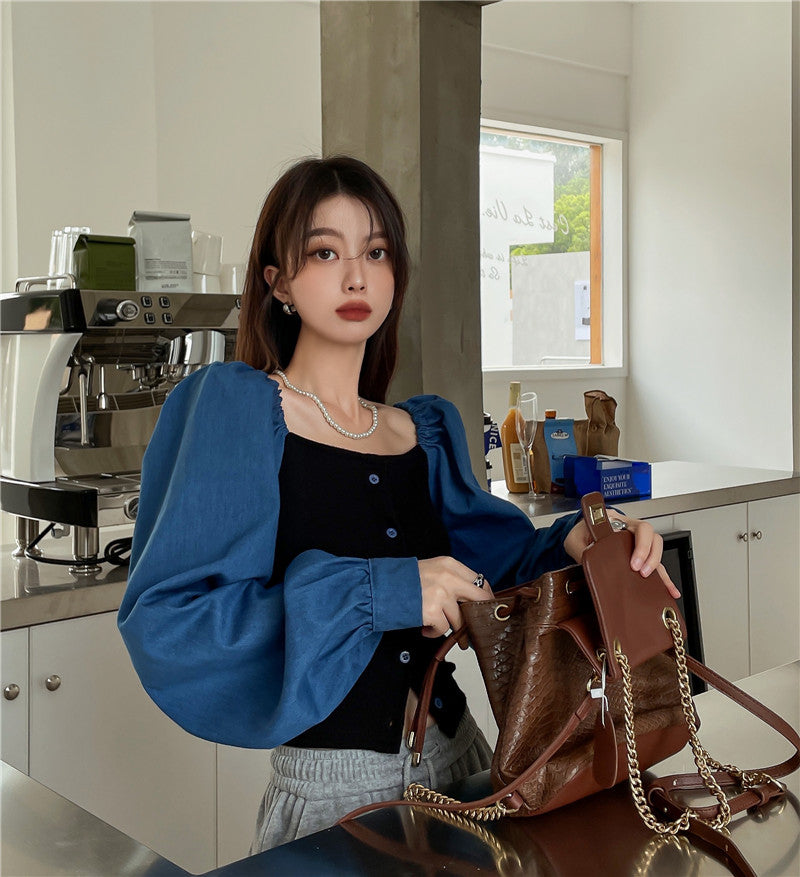 Patchwork Denim Shirts Women French Square Collar Puff Blouses Long Sleeve Crop Tops
