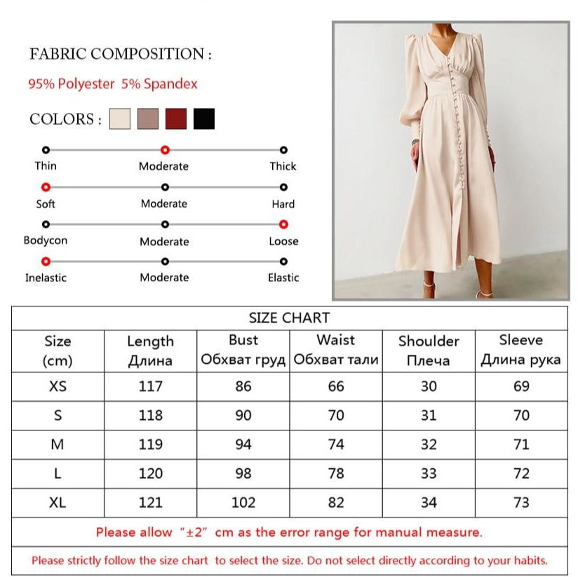 Single Breasted Dress High Waist Satin Long Dress V Neck Women Midi Dresses Lantern Sleeve