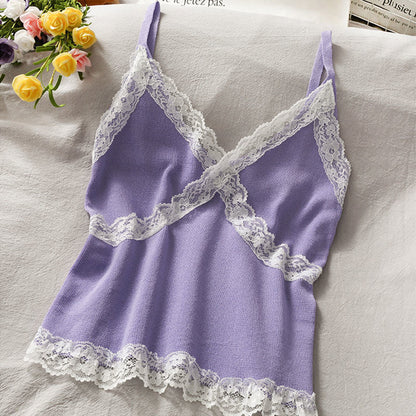 Lace Cami Y2k Tank Top Female V Neck Sleeveless Sexy Blouse Cropped Camisole Knitwear