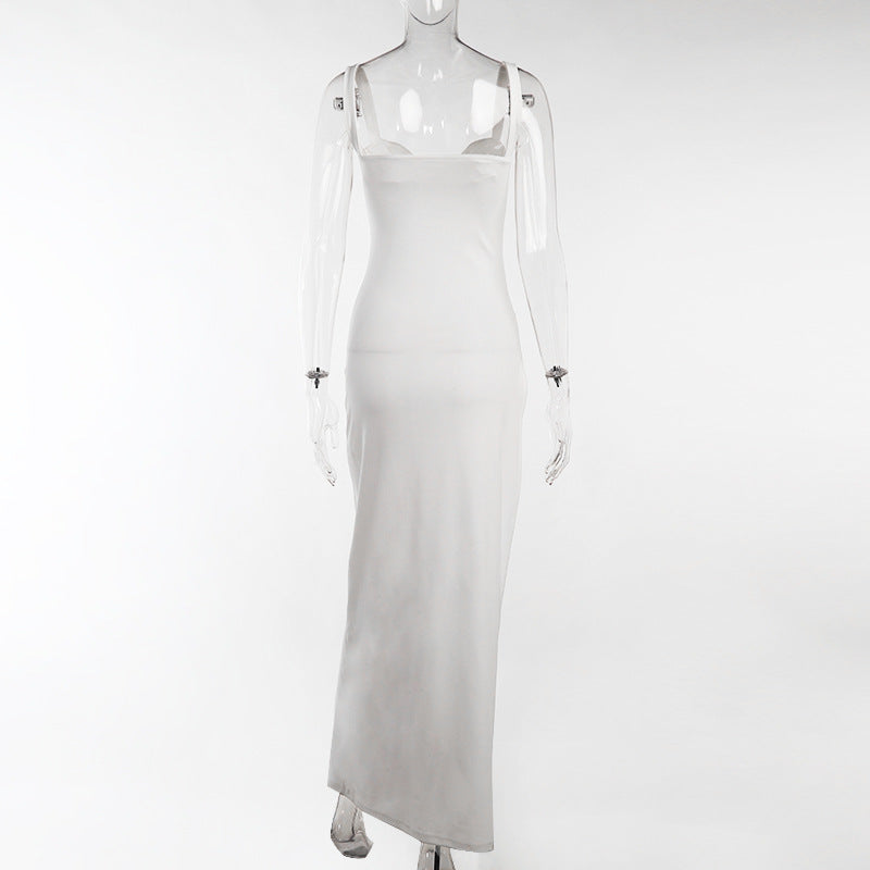 High Split Ankle-length Party Dresses Women Solid White Spaghetti Strap Dress Y2K