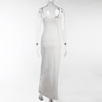 High Split Ankle-length Party Dresses Women Solid White Spaghetti Strap Dress Y2K