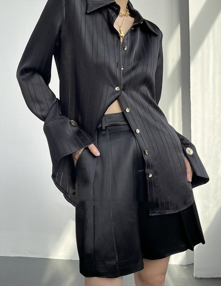 Striped Shirts Spring Long Sleeve Single-breasted Female Satin Blouses