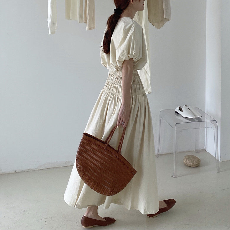 Vintage Sets Women Outfits Puff Sleeve Crop Top and Elastic Waist Pleat Long A-line Skirt
