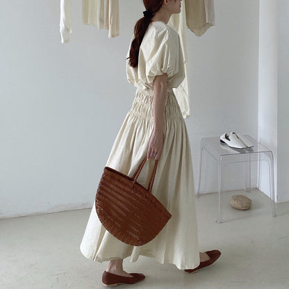 Vintage Sets Women Outfits Puff Sleeve Crop Top and Elastic Waist Pleat Long A-line Skirt