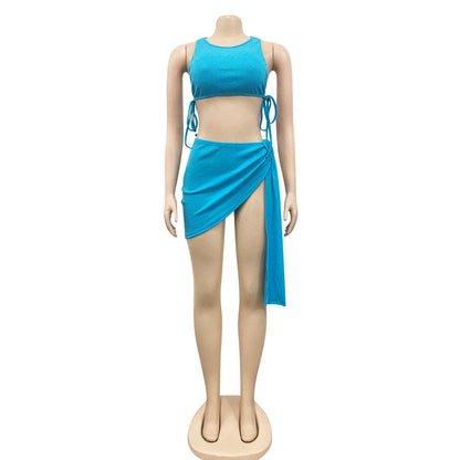 Knitted Ribbed Two Piece Set Bandage Crop Top Bodycon Mini Skirts Beachwear Outfits Summer