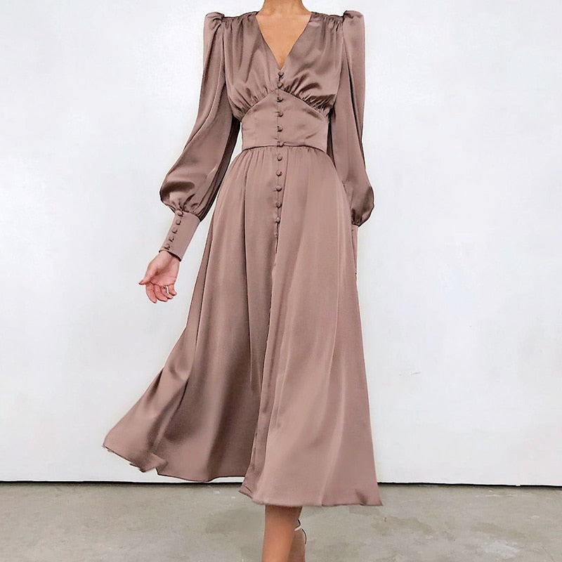 Single Breasted Dress High Waist Satin Long Dress V Neck Women Midi Dresses Lantern Sleeve