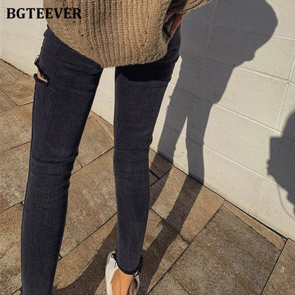 Irregular Ripped Holes Women Pencil Denim Jeans Stylish High Waist Stretched