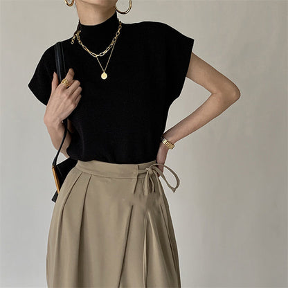 French Turtleneck Knitted Women Spring Summer Design Loose Short Sleeve Cropped Tops Female