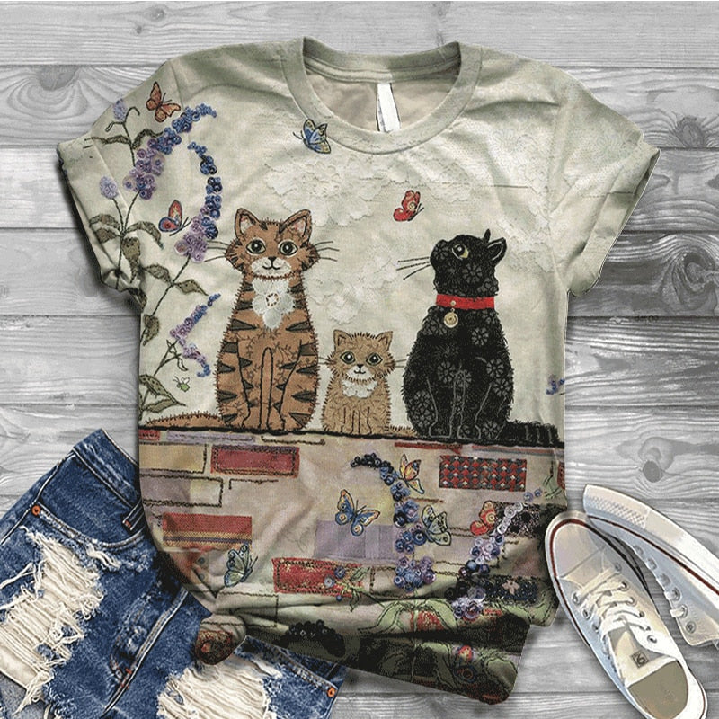Women Summer Short Sleeve Digital 3D Cat Printed O-Neck Tops T Shirt Femme T-Shirts