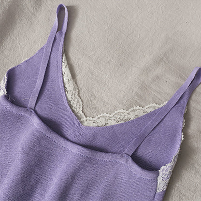 Lace Cami Y2k Tank Top Female V Neck Sleeveless Sexy Blouse Cropped Camisole Knitwear