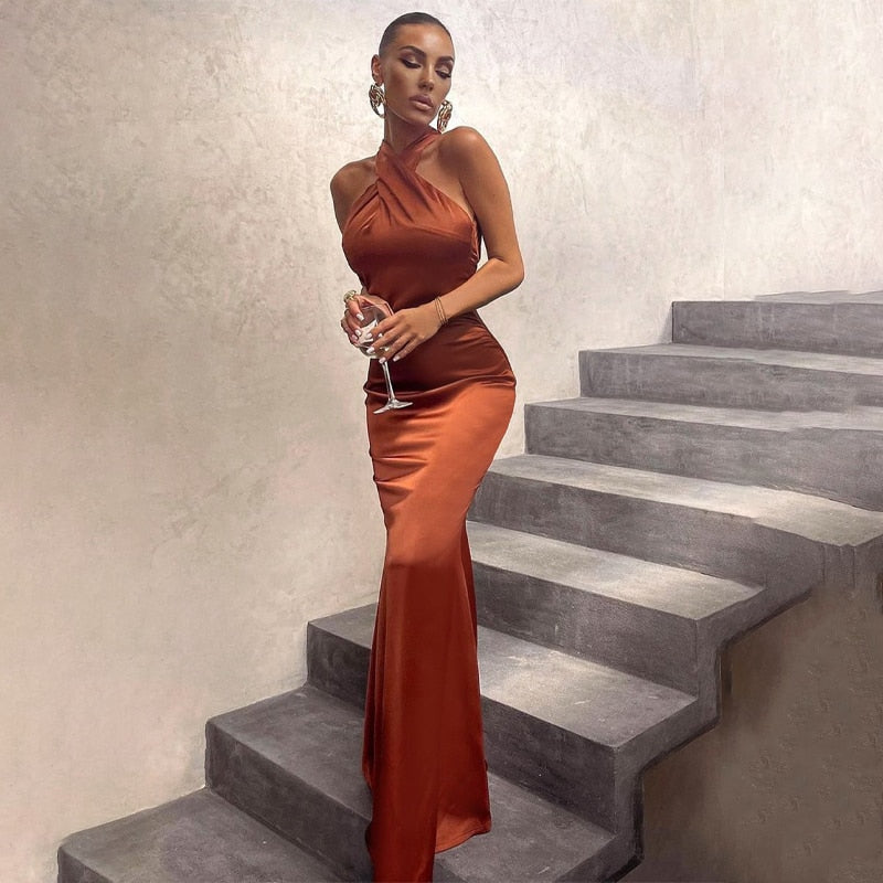 Solid Satin Halter Sleeveless Slim Bodycon Maxi Dress