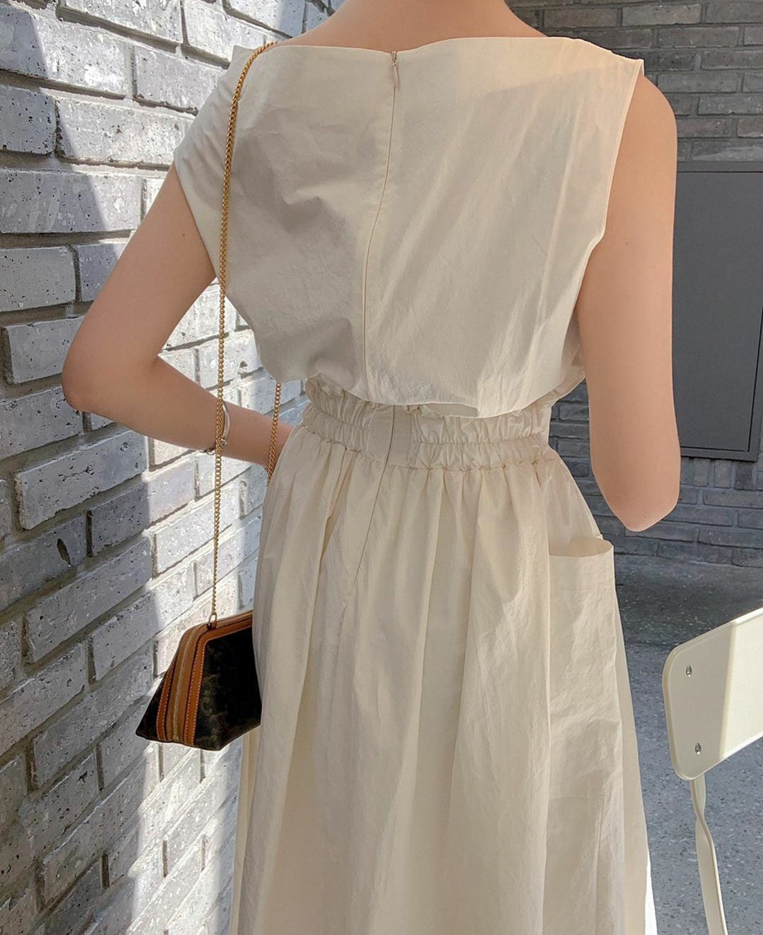 Slash Neck Sleeveless Zipper Long Tank Dress Elastic Folds-Waist A-line Dresses with Big Pockets