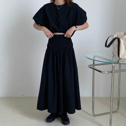 Vintage Sets Women Outfits Puff Sleeve Crop Top and Elastic Waist Pleat Long A-line Skirt