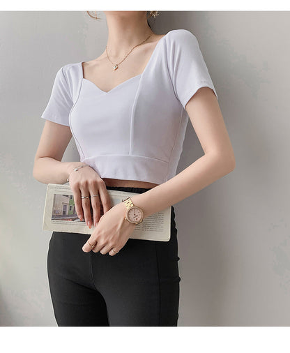 French Clavicle Square Collar Tops Women High Waist Croped Top Short Sleeve T-shirt Female