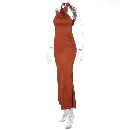 Solid Satin Halter Sleeveless Slim Bodycon Maxi Dress