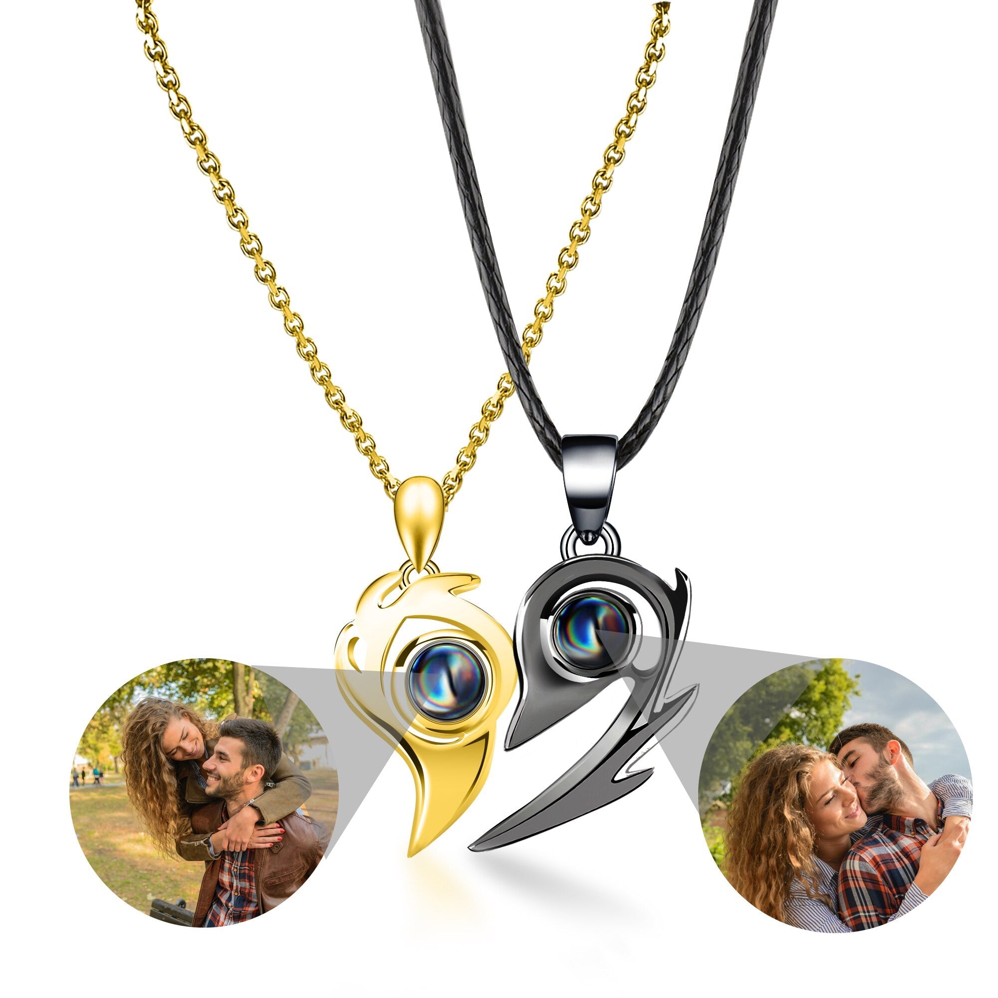 Flame Heart Shaped Custom Photo Projection Couples Necklaces