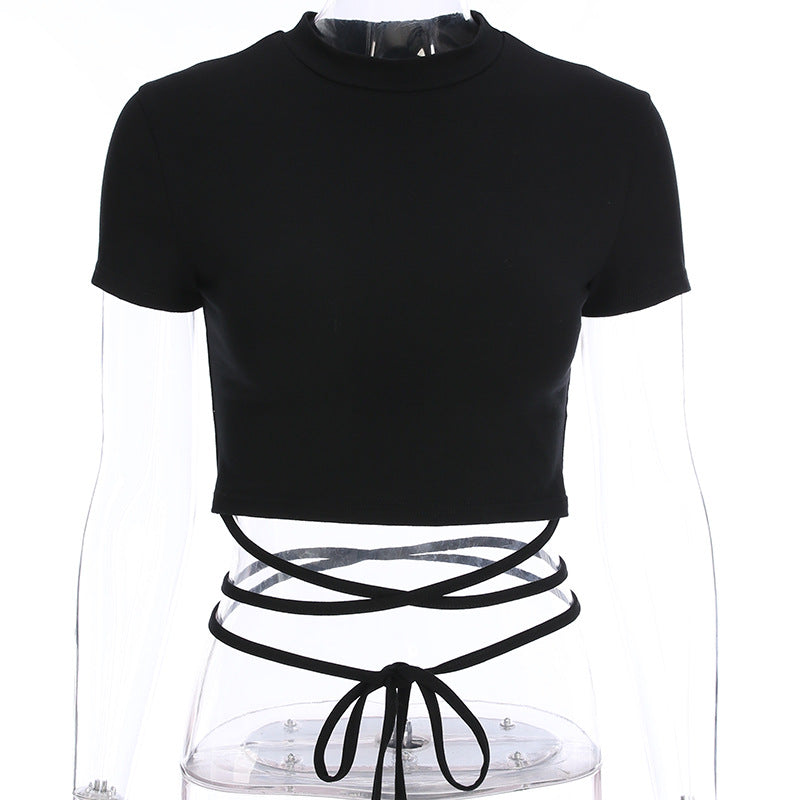 Summer Women Black Short T-Shirts Sexy Crop Tops Short Sleeve Bandage Tee Tops Female Shirts