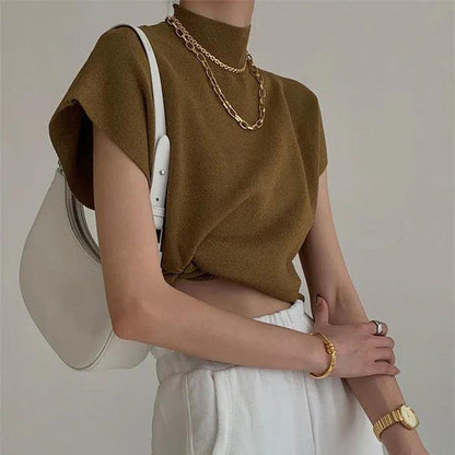 French Turtleneck Knitted Women Spring Summer Design Loose Short Sleeve Cropped Tops Female
