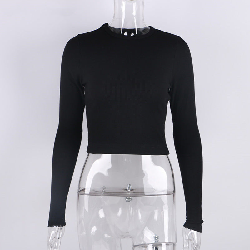 O Neck Long Sleeve Shirt Women Ribbed Sexy Cropped Tops Casual Skinny T Shirts White
