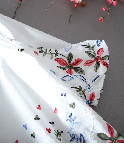 White Chiffon Blouse Short Sleeve Women Stripe Flower Print Top Loose Shirt