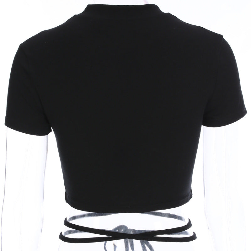 Summer Women Black Short T-Shirts Sexy Crop Tops Short Sleeve Bandage Tee Tops Female Shirts
