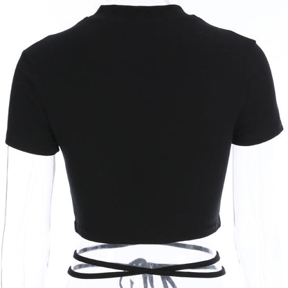 Summer Women Black Short T-Shirts Sexy Crop Tops Short Sleeve Bandage Tee Tops Female Shirts