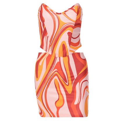 Print Off Shoulder Sleeveless Colorful Crop Top Mini Dress 2 Pieces Suit