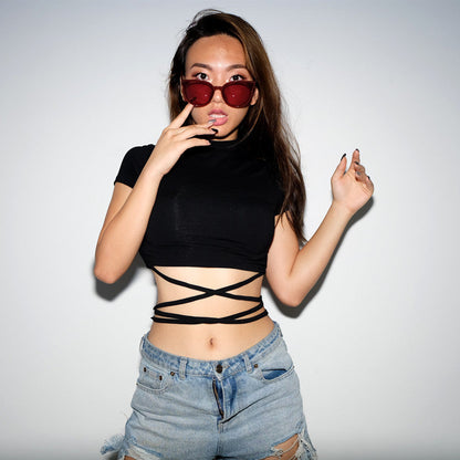 Summer Women Black Short T-Shirts Sexy Crop Tops Short Sleeve Bandage Tee Tops Female Shirts
