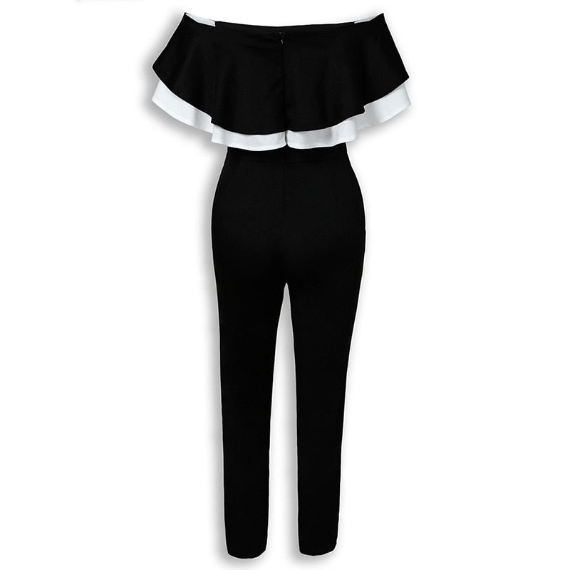 Women Off Shoulder Colorblock Ruffles Bodycon Skinny Streetwear Slim Fit Black Jumpsuits