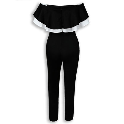 Women Off Shoulder Colorblock Ruffles Bodycon Skinny Streetwear Slim Fit Black Jumpsuits