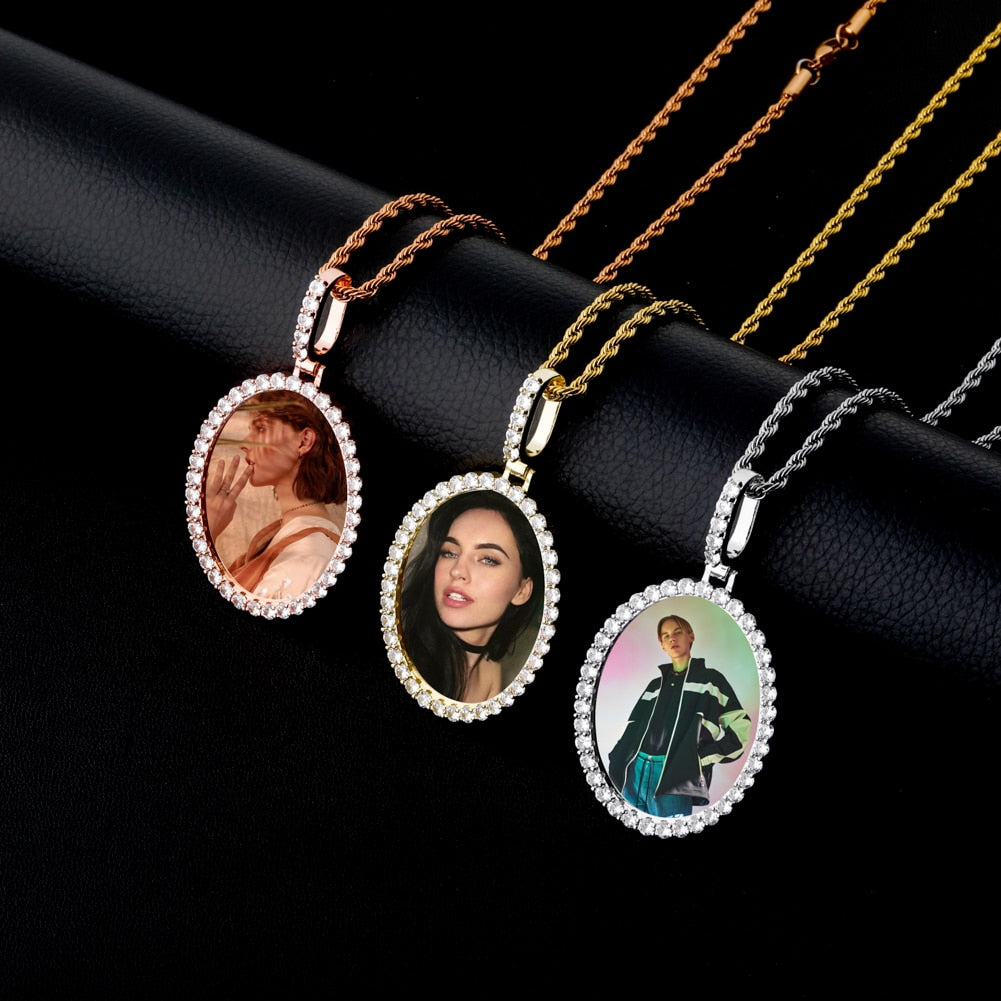 Custom Photo Pendant Oval Medal Pendant Ice Zircon Pendant Necklace Fashion Hip Hop Jewelry